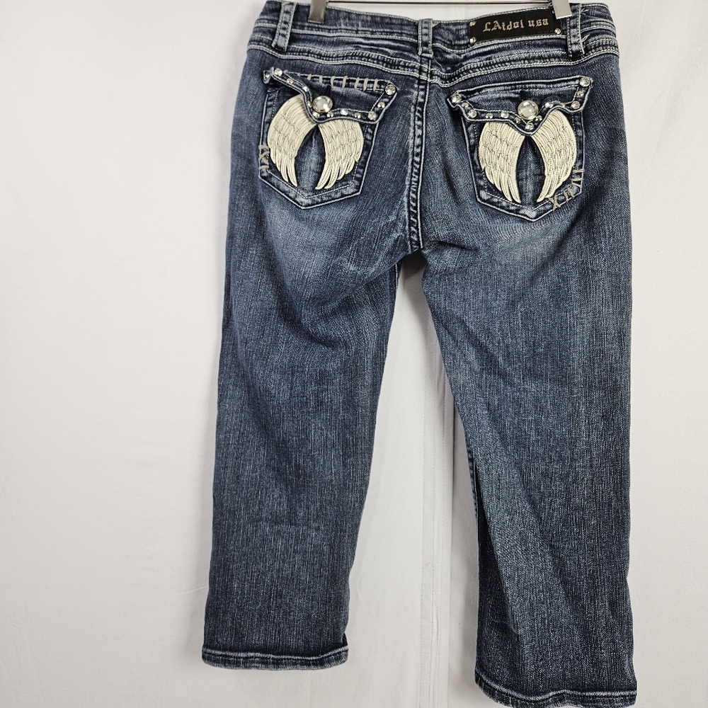 La Idol angel wing rhinestone jean capris size 11